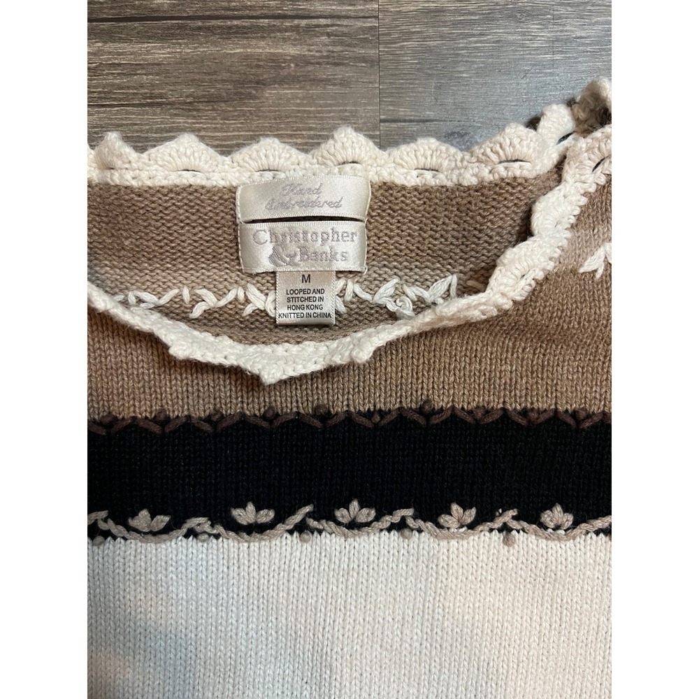 VTG Christopher & Banks Patchwork Striped Knit Sweater Neutral Boho Cottagecore - Picture 5 of 6
